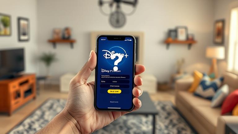 alt_text: Person holds a smartphone with Disney Plus app, question mark overlay, cozy Disney-themed room.