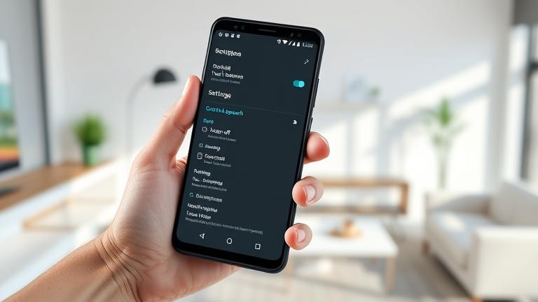 alt_text: Person holds phone with Android TTS settings highlighted, in a modern home office.