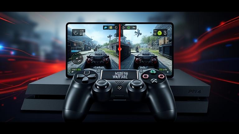 alt_text: PS4 with split-screen gameplay, showing two players in Modern Warfare multiplayer action.