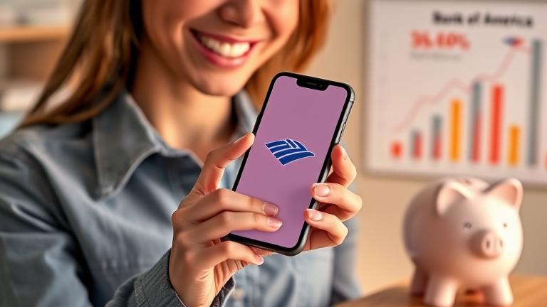 alt_text: Smiling person with phone showing Bank of America app, piggy bank, charts, and financial tools.