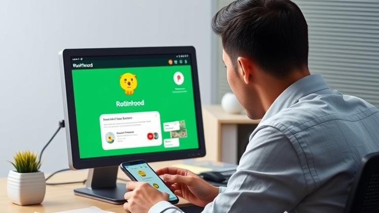 alt_text: Person at computer with Robinhood app, showing the mascot and cash symbols, focused and engaged.