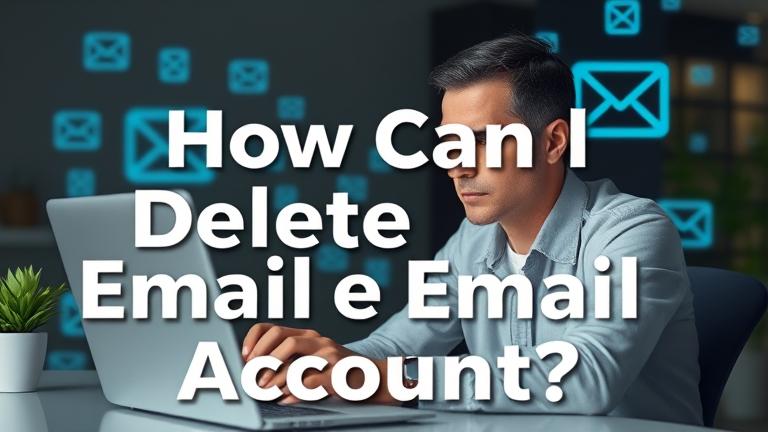 alt_text: Person deleting email account on laptop, with icons and overlay text on a clean background.
