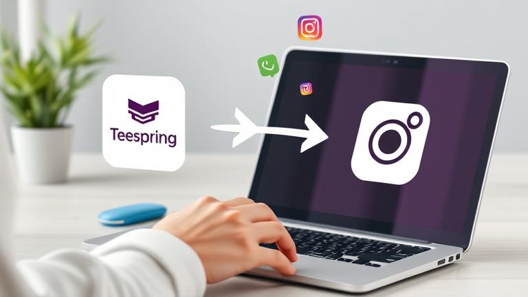 alt_text: Person connecting Teespring to Instagram with devices, logos, icons, in a vibrant modern design.