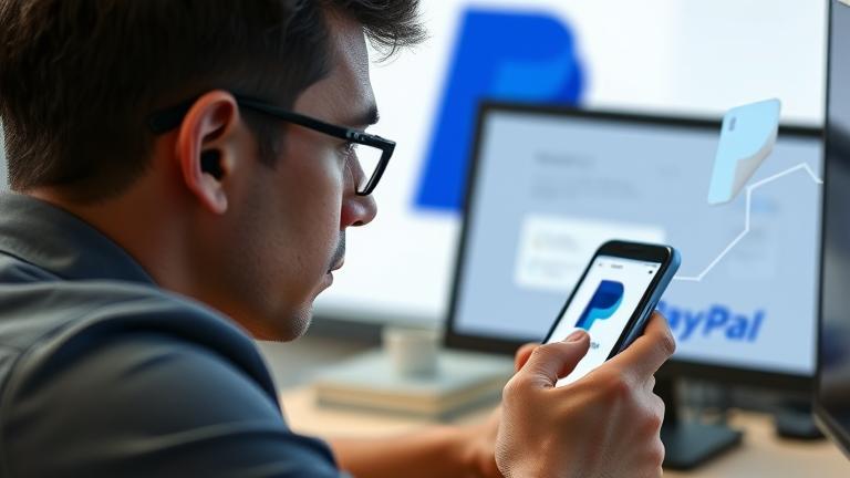 alt_text: Person contemplating removal of bank account from PayPal on a digital, financial-themed background.