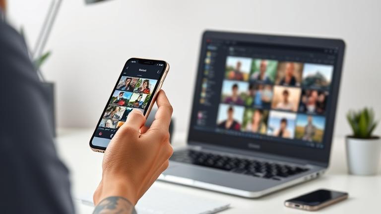 alt_text: Person managing photo deletion on iPhone with synced photo library on computer.