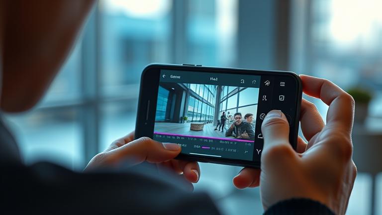 alt_text: Person cropping an Instagram video on their phone with visible editing handles and timeline.