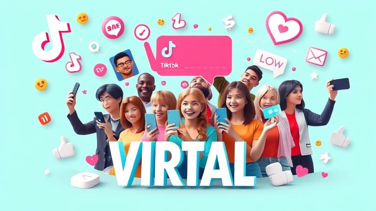 alt_text: Diverse creators recording with TikTok logos, hashtags, likes, shares, and vibrant colors.
