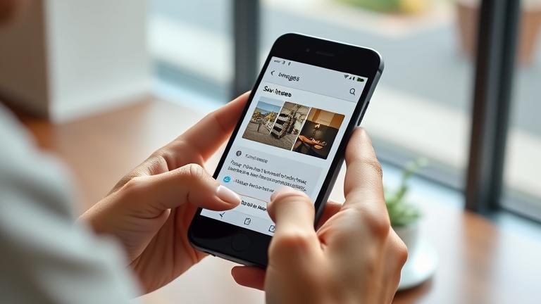alt_text: Person saving an image from a messaging app on Android in a bright, modern setting.