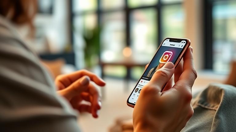alt_text: Person browsing Instagram casually in a cozy setting, with interface and online status cues.