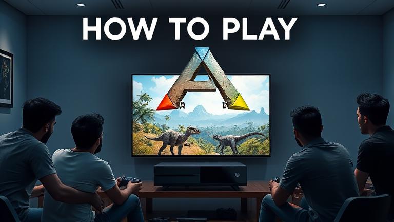 alt_text: Diverse players playing Ark multiplayer on Xbox One, with controllers, console, and dinosaur scenes.
