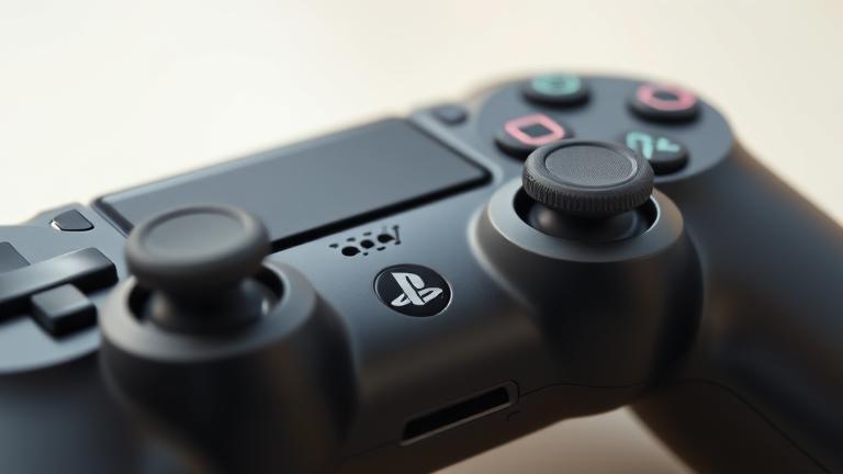 alt_text: Close-up of PS4 controller with muted speaker icon, highlighting buttons and textured details.