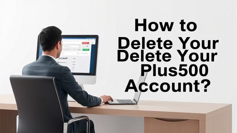 alt_text: Person at desk with Plus500 platform on screen, highlighting account deletion option.