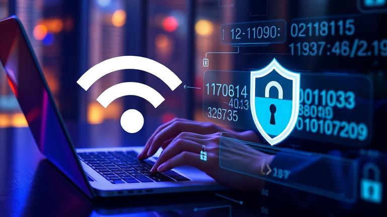 alt_text: Person using device with Wi-Fi icon, shield, and digital IP overlays showing privacy.