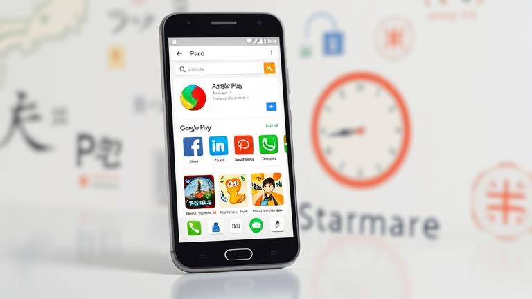 alt_text: Android phone showing Google Play in Japan, with Japanese apps and map background.