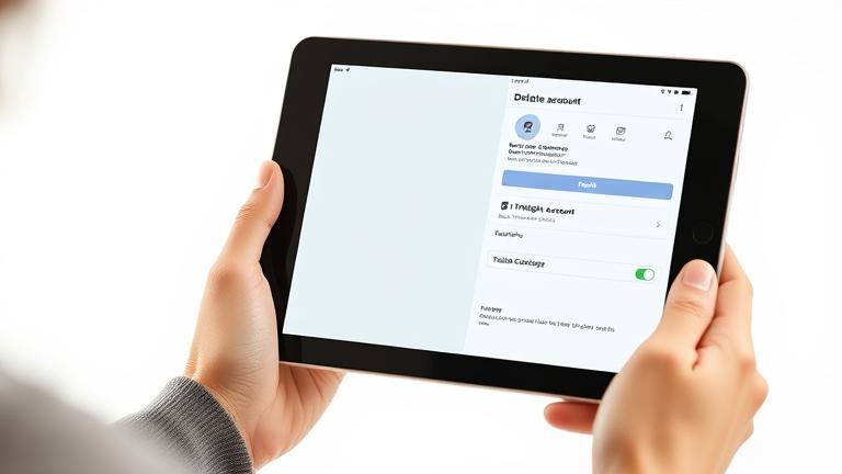 alt_text: Person holds tablet with Instagram open, showing account settings and delete options.