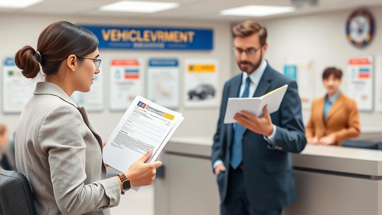 alt_text: Person at registration office with documents, registering a vehicle without VIN.