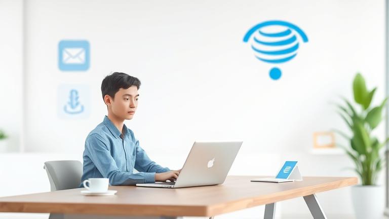 alt_text: Person at modern desk using laptop to access AT&T email amid branding and connectivity icons.