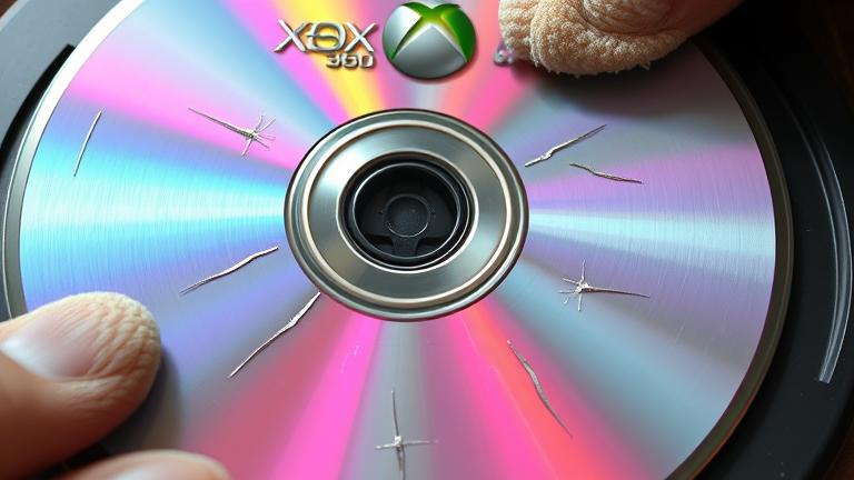alt_text: Close-up of scratched Xbox 360 disc being carefully cleaned in a tech repair setting.