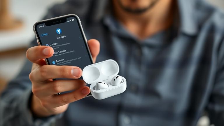 alt_text: Person troubleshooting iPhone Bluetooth with AirPods nearby in a modern, tidy space.