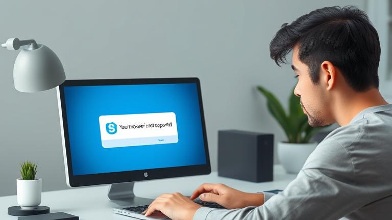 alt_text: Frustrated person looks at laptop with "Your browser is not supported" error on screen.