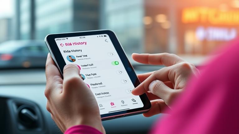 alt_text: Person views Lyft ride history on a smartphone in a modern city background, emphasizing privacy.