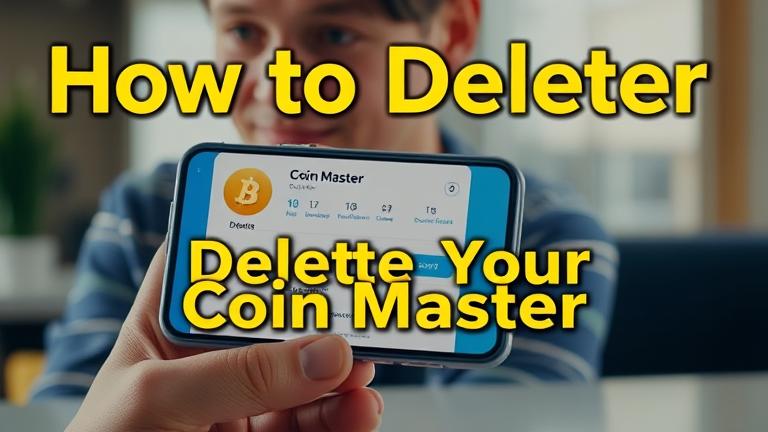 alt_text: Person deletes Coin Master app on phone; clear guide overlay in blue, white, gold.