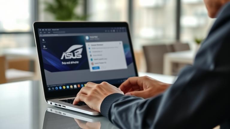 alt_text: Person manages Asus account on laptop in modern workspace, highlighting account deletion.