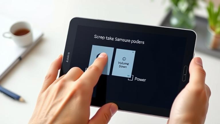 alt_text: Person holding Samsung tablet, screenshot process shown with finger pressing buttons in a casual setting.