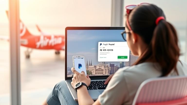 alt_text: Traveler booking AirAsia flight with PayPal on device, airline and travel visuals in background.