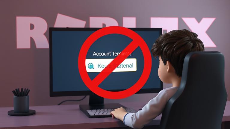 alt_text: Frustrated gamer at PC with Roblox logo, "Account Terminated" message, sad and disheartened.