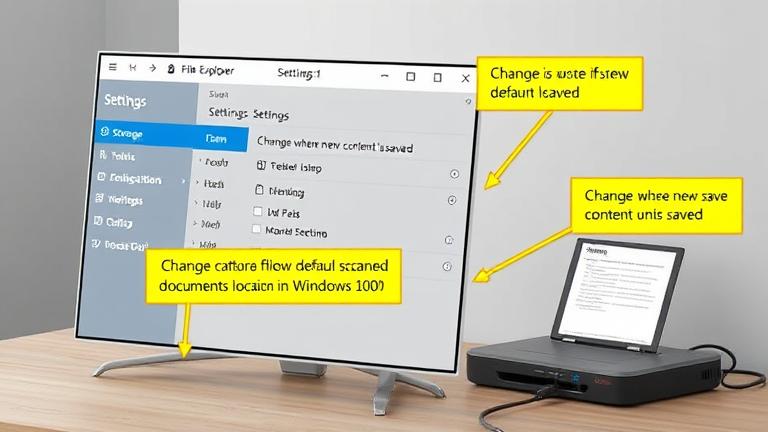 alt_text: Windows 10 screenshot showing how to change scanned document save location.