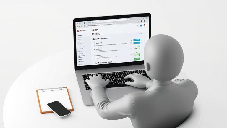 alt_text: Person at desk managing Gmail account, with notepad and phone for digital privacy.