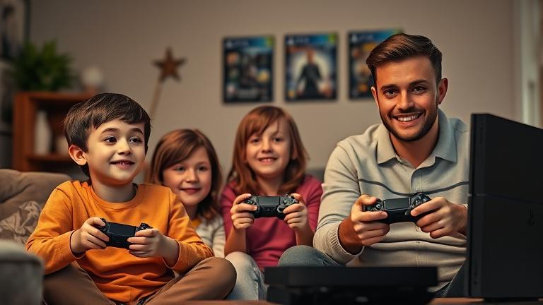 alt_text: Family of various ages enjoying PlayStation 4 together in a cozy living room.