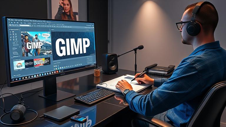 alt_text: Professional designer working on high-res project with GIMP on sleek workstation.