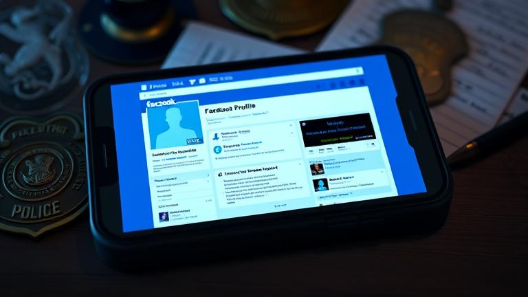 alt_text: Facebook profile with missing info, police badges and forensic tools hinting at investigation.