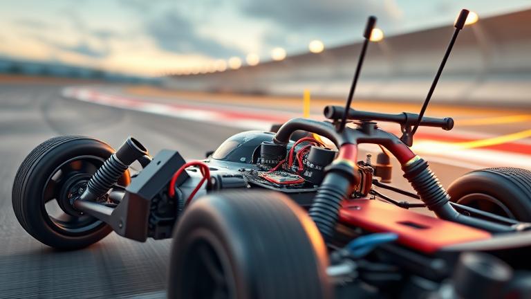 alt_text: Close-up of a modified RC car with high-performance parts, racing on a blurred terrain.