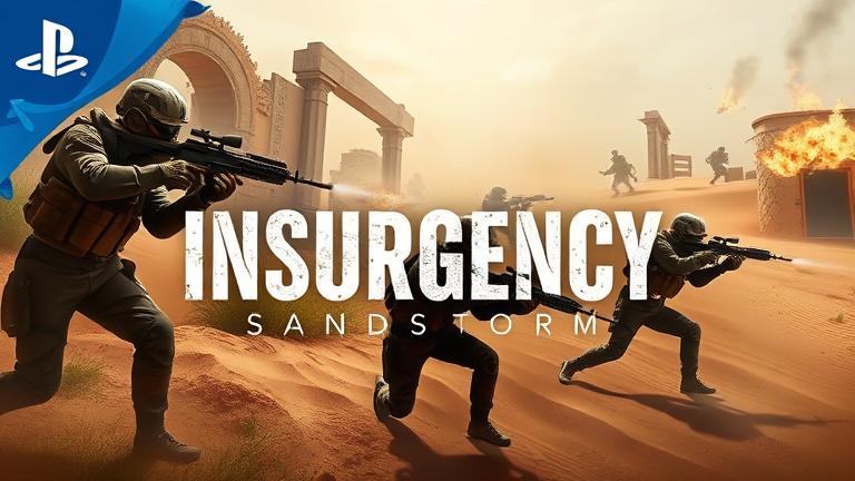 alt_text: Intense desert combat scene with soldiers, sand dunes, ruins, and the "Insurgency: Sandstorm" logo.