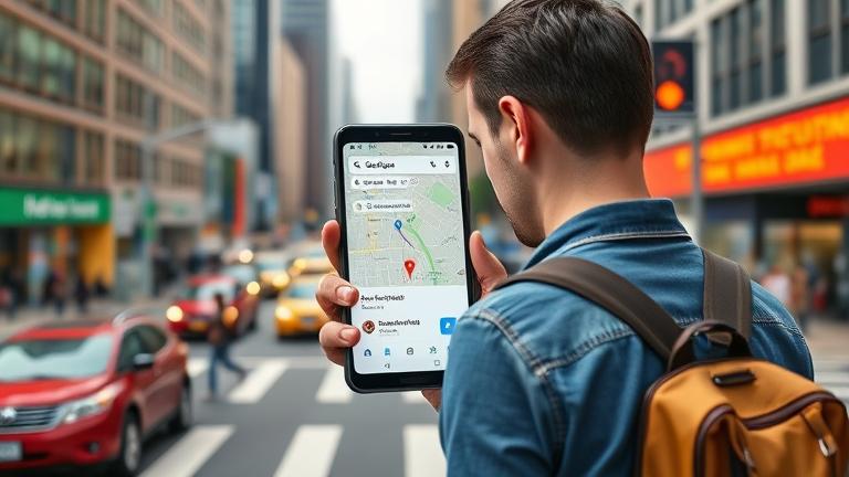 alt_text: Frustrated traveler at busy intersection, searching Google Maps with missing quick route.