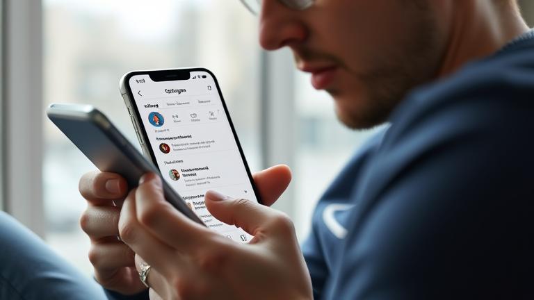 alt_text: Person using a smartphone with Instagram open, managing and syncing contacts easily.