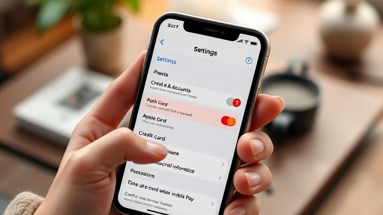 alt_text: Close-up of iPhone with "Wallet & Apple Pay" open, showing a saved credit card.