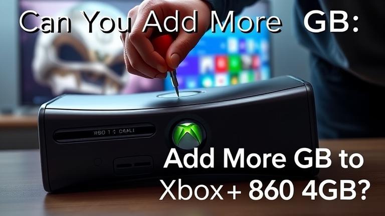 alt_text: Xbox 360 4GB being upgraded, with a person working inside, modern gaming setup, and "Can You Add More GB?" text.