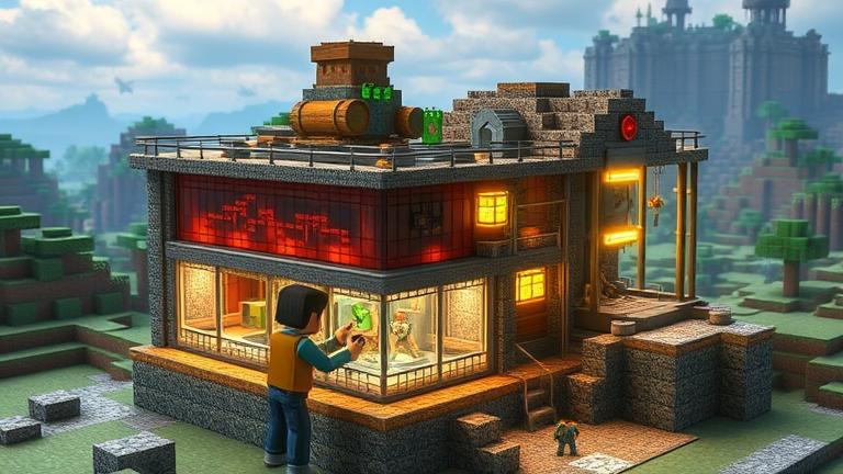 alt_text: Player builds a detailed mob grinder in Minecraft on Xbox One, with glowing layers and lush backdrop.