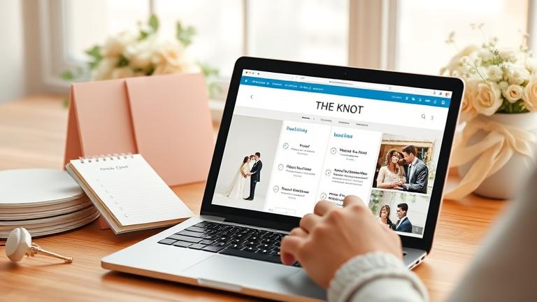 alt_text: Wedding planning scene with tablet showing The Knot, invites, checklists, and online management.