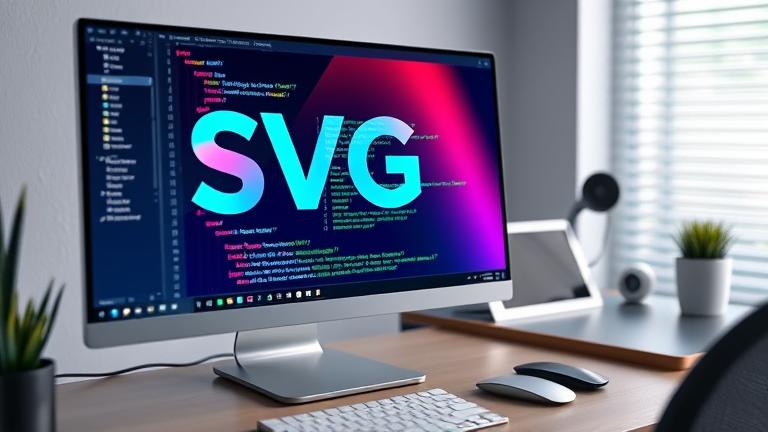alt_text: Modern workspace with screen showing SVG vector graphics, code, and design tools.