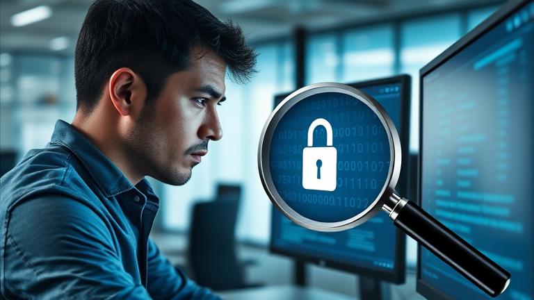alt_text: Technician reviews security on screen with lock icon, symbolizing access and troubleshooting.