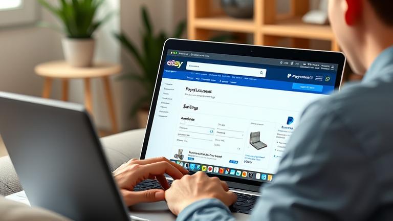 alt_text: Person on laptop viewing eBay payment settings with PayPal logo in a casual home/office.