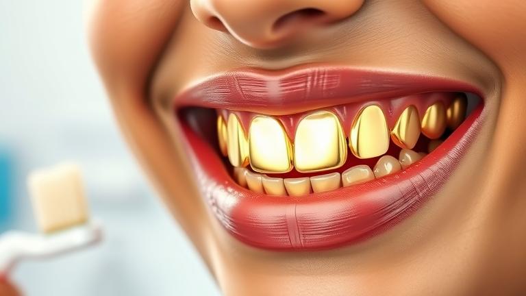 alt_text: Smiling person with gold teeth, surrounded by dental tools in a bright, clean setting.