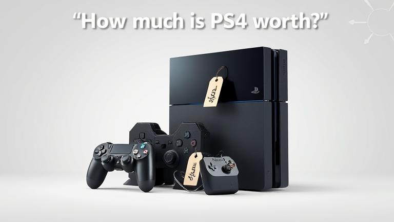 alt_text: PS4 with controllers and price tags on a sleek background, highlighting its value.