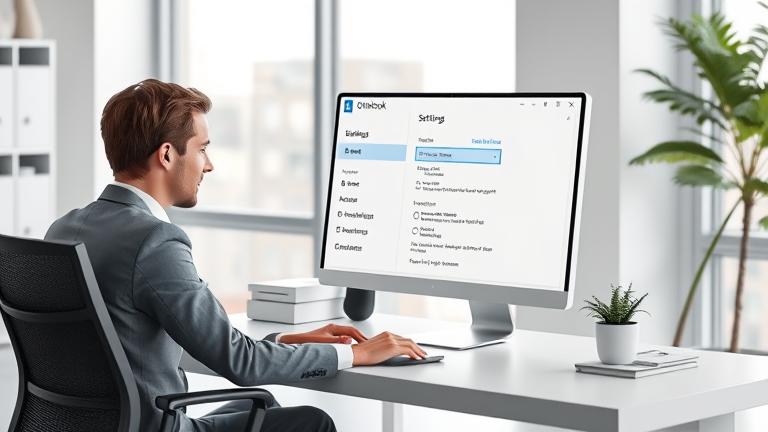 alt_text: Professional at desk adjusting Outlook email settings in a modern, well-lit office.