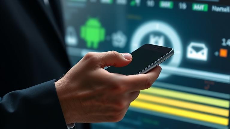 alt_text: Person using Android phone with voicemail app; background shows recovery progress bar.